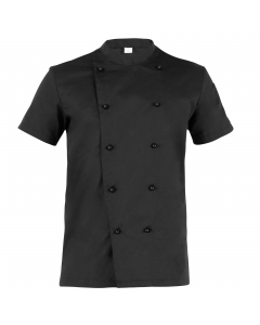 Giacca da cuoco a manica corta con abbottonatura doppio petto, collo arrotondato e porta penne sulla manica sinistra. Vestibilità Slim Fit e bottoni estraibili sulla pettorina davanti. Realizzata in tessuto 65% poliestere 35% cotone nella variante nera. H