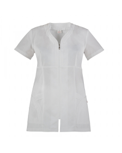 Casacca 100% in cotone. A maniche corte, con chiusura centrale con zip rovesciata  e 2 tasche latarali. Ideale per il settore beauty e cleaning. Taglie disponibili: da XS - 4XL. Slim Fit.