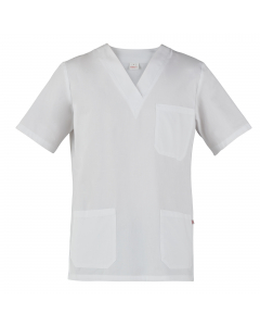 Casacca 100% cotone a maniche corte. Con un taschino applicato al petto sinistro e due tasche inferiori, 2 spacchetti laterali.  Ideale per abiente ospedaliero. Taglie disponibili: da XS -4XL. Slim Fit.