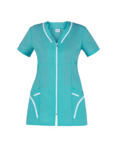 Casacca 70% in poliestere e 30% cotone. A maniche corte, con chiusura centrale con zip rovesciata  e 2 tasche latarali. Ideale per il settore beauty e cleaning. Taglie disponibili: da XS - 4XL. Slim Fit.