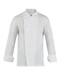 Giacca da cuoco a manica lunga con abbottonatura doppio petto, collo e polsi arrotondati, porta penne sulla manica sinistra. Vestibilità Slim Fit e bottoni estraibili sulla pettorina davanti. Realizzata in tessuto 100% cotone nella variante bianca. Ha la 