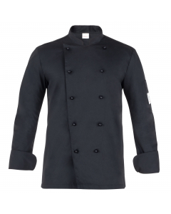 Giacca da cuoco a manica lunga con abbottonatura doppio petto, collo e polsi arrotondati, porta penne sulla manica sinistra. Vestibilità Slim Fit e bottoni estraibili sulla pettorina davanti. Realizzata in tessuto 65% poliestere 35% cotone nella variante 
