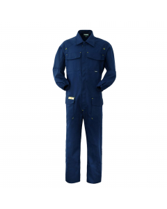 Tuta da lavoro con chiusura anteriore con cerniera centrale coperta da patella chiusa con punti velcro. Due taschini applicati al petto chiusi con aletta e velcro, due tasche anteriori inferiori applicate chiuse con aletta e velcro e soffietto laterale in