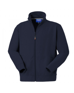 Felpa in cotone (80%) e PL (20%) con chiusura anteriore con cerniera centrale, collo alto, parasudore di colore a contrasto interno al collo, polsi e fascia girovita in maglia elastica, due tasche inferiori a filetto. Su ordinazione tutte le taglie da S a