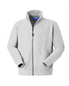 Felpa in cotone (80%) e PL (20%) con chiusura anteriore con cerniera centrale, collo alto, parasudore di colore a contrasto interno al collo, polsi e fascia girovita in maglia elastica, due tasche inferiori a filetto. Su ordinazione tutte le taglie da S a