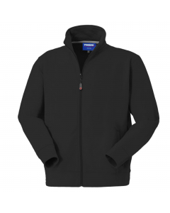 Felpa in cotone (80%) e PL (20%) con chiusura anteriore con cerniera centrale, collo alto, parasudore di colore a contrasto interno al collo, polsi e fascia girovita in maglia elastica, due tasche inferiori a filetto. Su ordinazione tutte le taglie da S a
