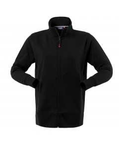 Felpa in cotone (80%) e PL (20%) da donna con chiusura anteriore con cerniera centrale, collo alto, parasudore di colore a contrasto interno al collo, polsi e fascia girovita in maglia elastica, due tasche inferiori a filetto. Su ordinazione tutte le tagl