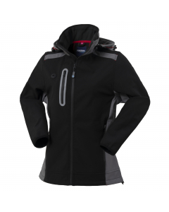 Giubbotto da donna realizzato in tessuto softshell a tre strati, chiusura anteriore con zip waterproof, cappuccio staccabile con zip e coulisse, pratico foro in silicone per cuffie. Un taschino a filetto al petto destro chiuso con zip waterproof verticale