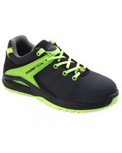 Calzatura bassa in esclusivo tessuto R-TECH alta tenacità di colore nero con applicazioni di colore verde fluo. Fodera interna R-DRY antiodore di colore grigio e verde fluo, linguetta imbottita, puntale in fibra di vetro, lamina non metallica, soletta ana