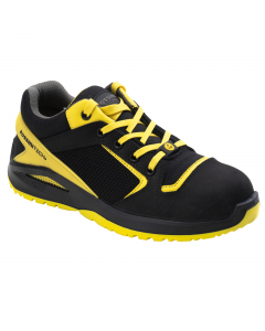 Calzatura bassa in pelle con trattamento effetto nabuk ed in tessuto mesh di colore nero, con applicazioni di colore giallo. Fodera interna R-DRY antiodore di colore grigio e giallo, linguetta imbottita, puntale in fibra di vetro, lamina non metallica, so