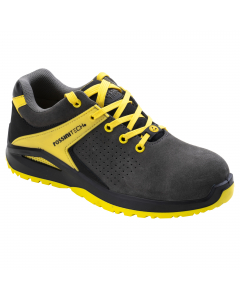 Calzatura bassa di colore nero e giallo. Fodera interna R-DRY antiodore di colore grigio e giallo, linguetta imbottita, puntale in fibra di vetro, lamina non metallica, soletta anatomica, traforata, con gel antishock sul tallone che assorbe gli urti, estr