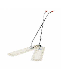 Scopa industriale a forbice con frange in cotone 2x100cm. Telaio completamente in metallo con impugnature in PVC. Comprende frange in cotone lavabili a 60°. Dimensioni: 105cm x H134cm. Peso 4,25kg.