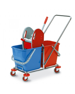 Carrello per pulizia industriale a due vasche lt. 25 (per acqua pulita e acqua sporca) + strizzatore per mop e struttura portante in metallo. Dimensioni: 78X41X H89cm. Dimensione secchi: 36,5x42xH32.