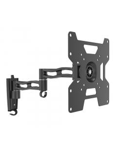 Supporto TV 17''-42'' a tre snodi nero. Carico massimo 30kg. Vesa 75x75 / 100x100 / 200x200. Inclinazione ±15°. Rotazione orizzontale 120°. Rotazione verticale 360°. Distanza dal muro 80-387mm. Piastra in pressofusione di alluminio e acciaio con livella i