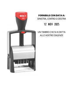 Timbro datario autoinchiostrante con piastra 37x58mm da personalizzare. Massimo 7 righe di testo e data in posizione centrale. Utilizza tampone E/2600- E/2600-2.