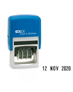 Timbro datario S220 autoinchiostrante con caratteri alti 4mm. Fusto antiurto in ABS. Monta tampone E/200.