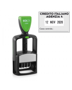 Timbro datario autoinchiostrante personalizzabile con struttura particolarmente leggera e maneggevole. Silenzioso e con morbido funzionamento. Piastra 30x45mm da 5 righe. Tampone ricambio E/2300.