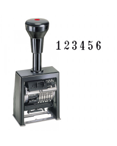Timbro numeratore autoinchiostrante con avanzamento automatico progressivo grazie a ruote in metallo.  A 6 colonne con altezza da 4.5mm. Tampone inchiostro CB2 (cod. 38145).