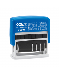 Timbro mini datario S120/WD polinomio autoinchiostrante. 12 diciture: RICEVUTO, RISPOSTO, PAGATO, FATTURATO, Trasm. Per fax, SCADENZA, ORDINATO, SPEDITO, REGISTRATO, VERIFICATO, EM@ILED, APPROVATO. Altezza caratteri 4mm. Tampone di ricambio E/12/2 (cod 48