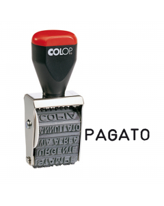 Timbro manuale in gomma. 12 diciture :URGENTE, APPROVATO, SENZA SPESE, REGISTRATO, SPEDITO, CONTROLLATO, PAGATO, NON TRASFERIBILE, SCADUTO, RISPOSTO, COPIA, ANNULLATO. Altezza caratteri 4mm.