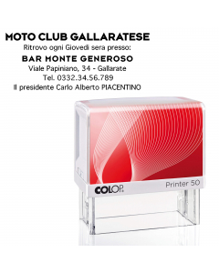 Timbro Printer 50 G7 autoinchiostante. Compatto con nuova montatura in ABS antiurto. Ampio spazio per individuazione del timbro. Dotato di tampone inchiostrato di colore nero. Personalizzabile su 7 righe con logo, indirizzo o altro testo. Area stampa 30x6