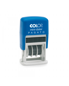 Timbro mini datario con dicitura fissa PAGATO con caratteri alti 4mm. Fusto antiurto in ABS. Tampone preinchiostrato bicolore blu/rosso (cod 38126). Tampone ricambio nero E/10 (cod 38117).
