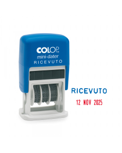 Timbro mini datario con dicitura fissa RICEVUTO con caratteri alti 4mm. Fusto antiurto in ABS. Tampone inchiostro bicolore blu/rosso (cod 38126). Tampone ricambio nero E/10 (cod 38117).