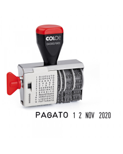 Timbro manuale datario polinomio in gomma. 12 diciture: RICEVUTO, RISPOSTO, PAGATO, EVASO, VISTO, SCADENZA, ORDINATO, SPEDITO, REGISTRATO, VERIFICATO, LIQUIDATO, FATTURATO. Altezza caratteri 4mm.