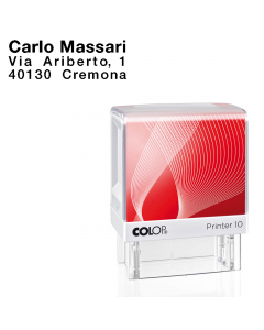 Timbro Printer 10 G7 autoinchiostante. Compatto con nuova montatura in ABS antiurto. Ampio spazio per individuazione del timbro. Dotato di tampone inchiostrato di colore nero. Personalizzabile su 3 righe con logo, indirizzo o altro testo. Area stampa 10x2