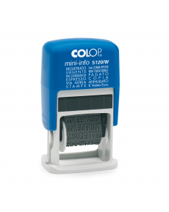 Timbro mini polinomio S120/W autoinchiostrante. 12 diciture con caretteri alti 4mm. REGISTRATO, URGENTE, RACCOMANDATA, RISERVATO, RISP.per E-mail, IMPORTANTE, NON TRASFERIBILE, PAGATO, COPIA, ANNULLATO.