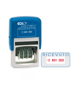 Timbro datario con dicitura fissa RICEVUTO. Fusto antiurto in ABS. Caratteri con altezza da 4mm. Tampone preinchiostrato bicolore blu/rosso (cod.48015). Tampone ricambio nero E/200 (cod. 48014).