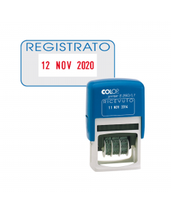 Timbro datario con dicitura fissa REGISTRATO. Fusto antiurto in ABS. Caratteri con altezza da 4mm. Tampone inchiostro bicolore blu/rosso (cod.48015). Tampone ricambio nero E/200 (cod. 48014).
