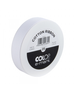 Nastri 10/15/25 mm
Puoi stampare con l'e-mark sui nastri in cotone
che sono disponibili in tre formati comuni.

• 100% cotone di alta qualità

• Ideale per l'uso con le tre guide nastro e-mark

• Dimensioni: 10/15/25 mm x 25 m

• Colore: bianco