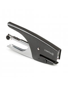 Cucitrice in acciaio cromato e verniciato, con trattamenti antiruggine. Manico lineare ergonomico per una presa più salda ed un minore sforzo di cucitura. Profondità di cucitura 46mm. Cuce fino a 15fg. Punti 6/4.