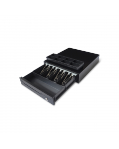Cassetto portadenaro composto da 4 cassetti fi ssi per banconote con molle fermacarte in metallo, 8 vaschette removibili per monete e fessura frontale per inserimento banconote in vano nascosto. Dotato di cavo Epson RJ11. Apertura manuale con chiave oppur