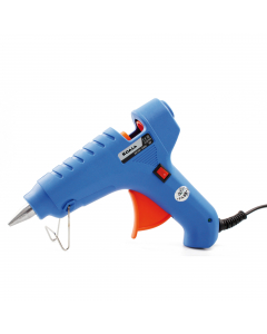 Pistola per colla a caldo, potenza 40W, con ugello antigoccia in alluminio. Ideale per montaggi e riparazioni su legno, cartone, metallo, giocattoli, tessuti, schede elettroniche, decorazioni varie. Dotata di cavalletto di appoggio. Tempo di riscaldamento
