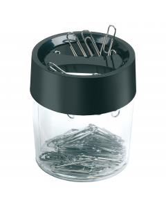 Portafermagli con coperchio calamitato in plastica trasparente, di forma cilindrica. Formato da due spazi separati per differenti fermagli, dimensioni: 5,8x6,8cm.