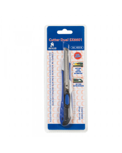 Dual SX-6601 Cutter a lama stretta 9mm. In metallo zincato e rivestimenti gommati antiscivolo, con doppio sistema di bloccaggio e rientro lama brevettato. Il bottone rientro automatico consente di utilizzare la lama con il sistema di ritrazione a molla co