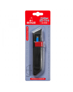 Cutter ambidestro con lama trapezoidale a rientro automatico. Struttura in resistente ABS, molto leggero e maneggevole. Le dimensioni contenute (12x2,7x1,6cm) ed il sistema di ritrazione a molla conforme al DL 81/08, consentono di riporlo comodamente in t