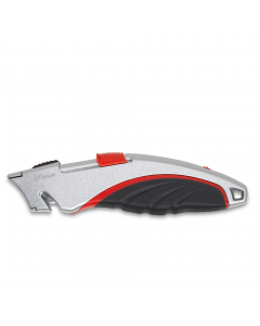 Cutter SUPER SAFETY, con corpo in metallo zincato e finiture soft grip antiscivolo, idoneo anche per mancini. Lama trapezoidale a rientro automatico e tagliaregge. Il sistema di ritrazione a molla, conforme alle norme europee antinfortunistica, determina 