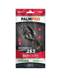 Supporto in fibra di vetro/poliestere ingegnerizzato (13G) lavorato a maglia senza cuciture. Polsino elastico. Rivestimento in nitrile foam traspirante su palmo e dita. Protezione elevata al rischio da taglio unita ad un grado superiore di comfort e destr