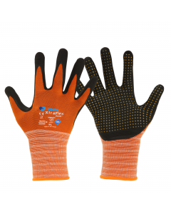 Guanto anatomico (mano destra e sinistra) riusabile in supporto di nylon/poliestere/Spandex, monofilo lavorato a maglia senza cuciture, di colore arancio Hi-visibility con forma “stretch to fit” e rivestimento sintetico in nitrile “foam” microporoso e tra