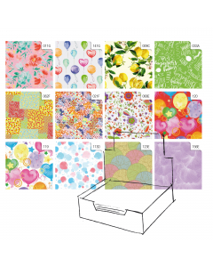 Scatola espositore da 100 fogli di carta patinata da 65gr. Fogli da 70x100cm in fantasie assortite.