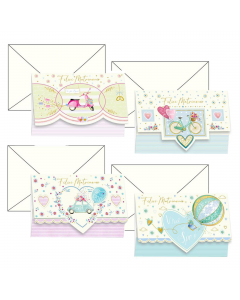 Biglietti doppi formato 11,7x17cm. Portasoldi, stampa offset su cartoncino liscio bianco. Blisterati 1 busta/1 biglietto. Fantasie assortite.