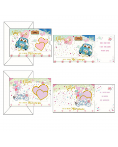 Biglietti doppi formato 11,7x17cm. Stampa offset su cartoncino liscio bianco. Blisterati 1 busta/1 biglietto. Fantasie assortite.