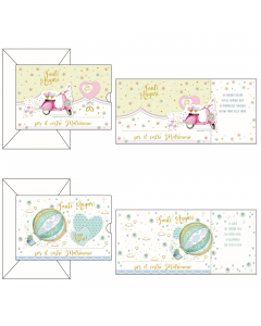 Biglietti doppi formato 11,7x17cm. Stampa offset su cartoncino liscio bianco. Blisterati 1 busta/1 biglietto. Con rifiniture dorate stampa a rilievo.