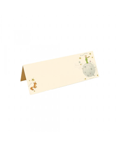 Segnaposti realizzati in carta color avorio con stampe a tema e decorazioni in oro in polvere.