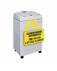 Funzionamento continuo 24 ore su 24 senza cicli di lavoro. Capiente cassetto per alimentazione automatica da 300 fogli e seconda imboccatura per alimentazione manuale.Velocità distruttiva di 37 fg al minuto. FunzionalitÓ OIL-FREE,  START & STOP automatico