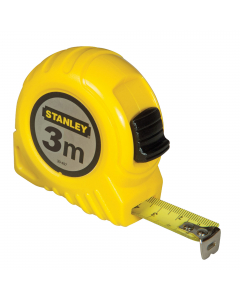 Flessometro da 3 metri. Nastro in metallo. Carcassa in ABS giallo. Sistema di blocco del nastro e rientro in automatico.