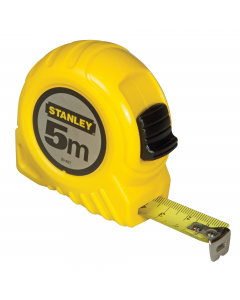 Flessometro da 5metri. Nastro in metallo. Carcassa in ABS giallo. Sistema di blocco del nastro e rientro in automatico.